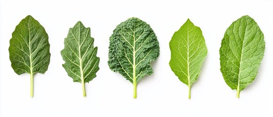 A lineup of five green leaves showcasing various shapes and textures, perfect for illustrating plant diversity and natural beauty.