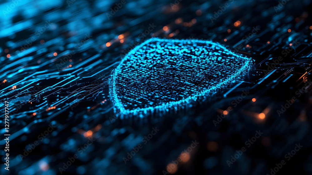 Poster digital shield glowing in a sea of blue data streams
