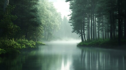 Misty River Flows Through Enchanting Green Forest