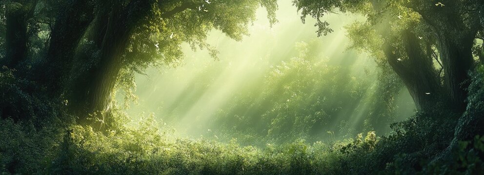 Sunbeams in Enchanting Forest Path - Powered by Adobe