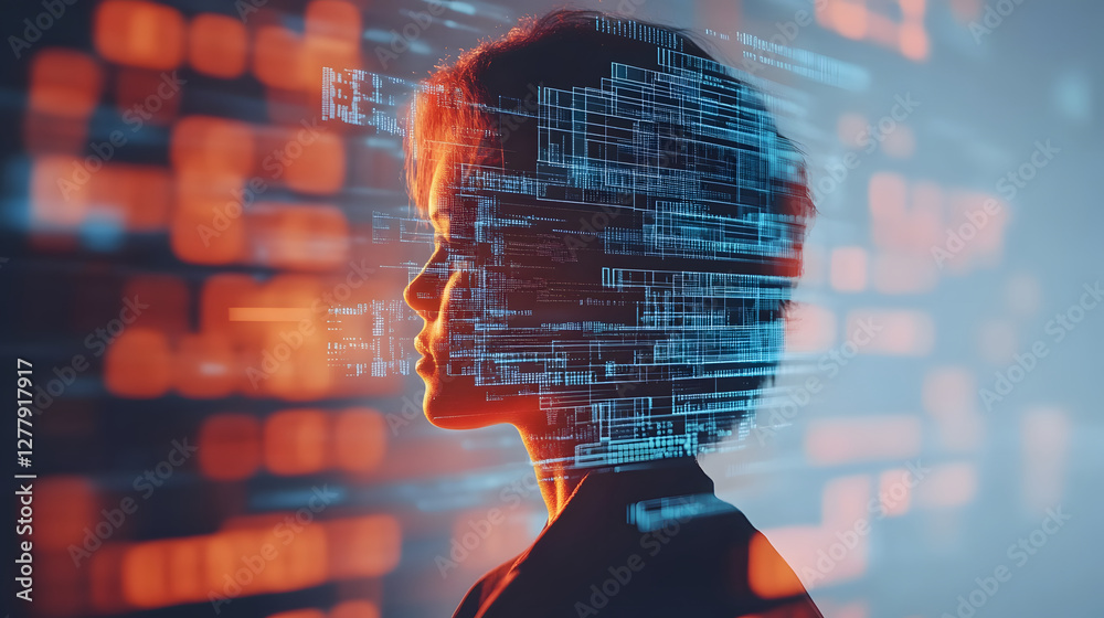 Aufkleber Silhouette of a person with digital data overlay in a futuristic setting