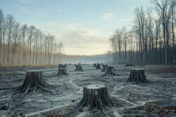 Deforestation landscape showing tree stumps in a frosty winter forest environment, evidence of logging destruction creating a somber and bleak woodland scene, a desolate view.