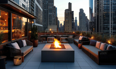 Obraz premium Trendy urban rooftop retreat featuring sumptuous seating and stylish décor with breathtaking skyline panorama views