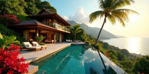Fototapeta premium Luxury ocean view villa with infinity pool and lush tropical landscaping, offering ultimate relaxation and breathtaking sunsets