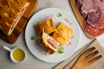 Spanish Hornazo. Traditional Spanish pie filled with Iberian pork loin and other ingredients such as sausages or vegetables.
