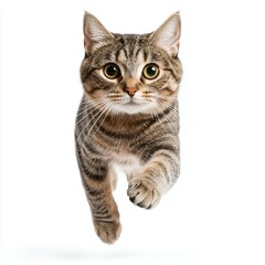 Obraz premium A playful cat is captured mid-run, showcasing its agility and curiosity with bright eyes and a striped coat.