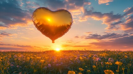 Fototapeta premium Golden Heart Balloon Soaring Over a Vibrant Sunset Field
