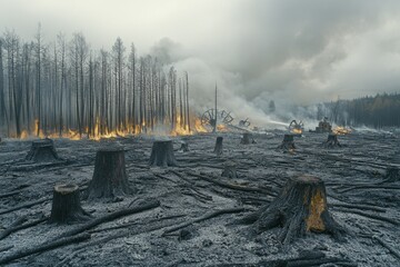 Devastating aftermath of a forest fire, smoke and charred trees, displaying burnt landscape, firefighting equipment, and tree stumps in ashy remains.