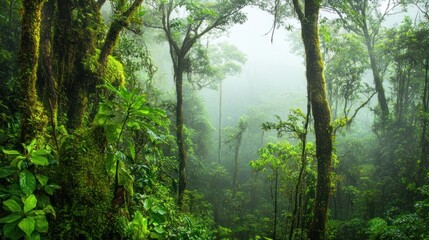 Obraz premium Lush green rainforest view under a canopy of trees