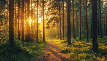 Fototapeta premium Golden sunrise path through misty pine forest