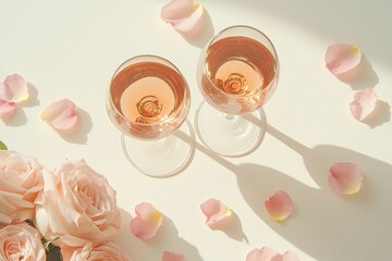 Elegant glasses filled with rosé wine surrounded by delicate ros