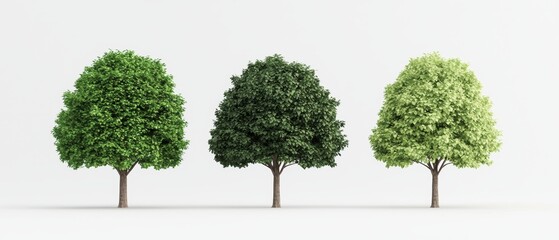 Three distinct trees display varying shades of green, symbolizing nature's diversity and beauty against a clean, minimalistic background.