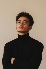 Obraz premium Confident young man poses stylishly against a neutral background, showcasing elegance and modern fashion in a relaxed setting