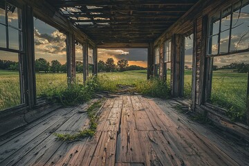 Abandoned farmhouse interior at dusk, overgrown with vegetation, offering a tranquil view of the meadow, creating a serene atmosphere and highlighting decay of time.