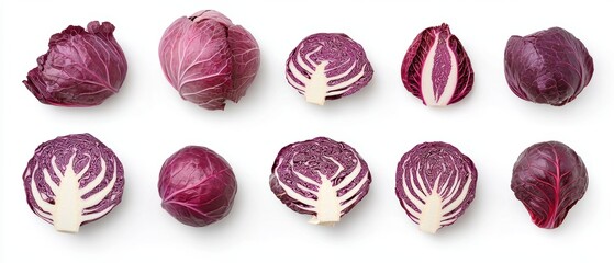 A colorful arrangement of various red cabbage varieties, showcasing their unique shapes and textures against a clean white background.