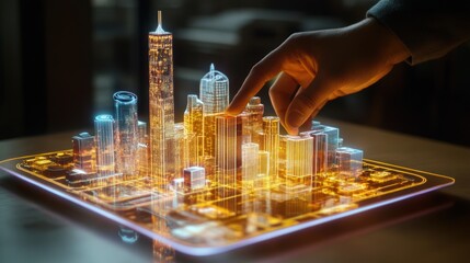 Hand interacting with glowing futuristic city model on table