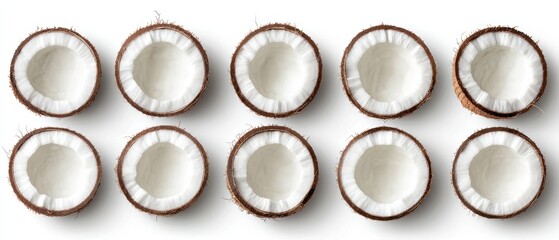 A row of empty coconut shells arranged neatly, showcasing their white interiors and brown exteriors, ideal for decorative or culinary use.