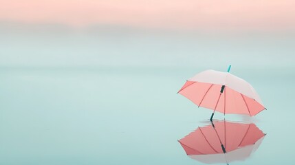 Delicate pink umbrella stands serene against soft pastel backdro