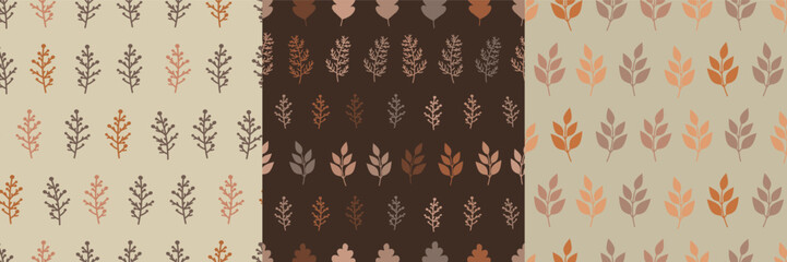 Autumn stylized seamless patterns with leaves in beige and brown color design