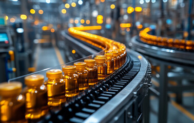 panoramic view of bustling pharmaceutical production line with amber bottles moving along conveyor belt, showcasing efficiency and scale of modern manufacturing