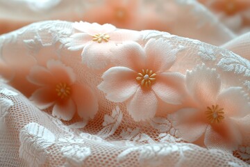 Soft peach lace fabric adorned with delicate floral embellishments, creating an elegant texture background