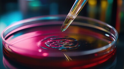 Droplet of liquid being carefully added to a petri dish using a precision laboratory pipette