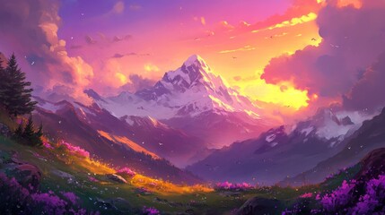 Vibrant alpine landscape reveals a snow capped mountain vista