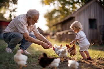 Gentle interaction between child and elder, surrounded by playfu