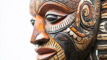 Naklejka premium Intricately crafted hand-carved wooden spoon against a white backdrop, featuring a smooth finish that highlights the natural grain, ideal for kitchen use or decorative purposes.