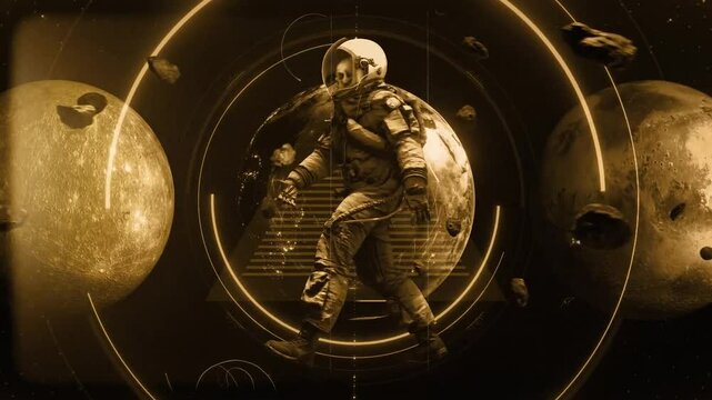 Astronaut spaceman cosmic journey golden sphere celestial exploration lunar orbit planetary adventure stardust nebula galactic exploration spaceship flight cosmos
