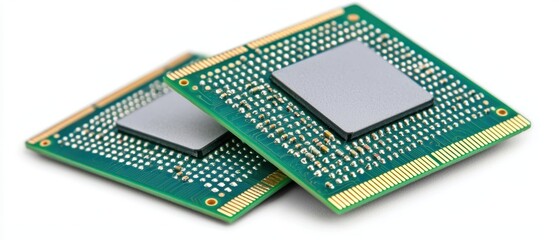 Two modern computer processors are shown, featuring a green circuit board with pins, showcasing advanced technology and design.