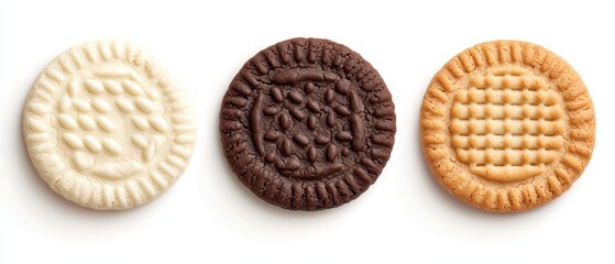 Three different types of cookies are displayed: a vanilla cookie, a chocolate cookie, and a caramel cookie, each featuring unique textures and colors.