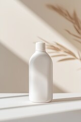 Minimalist design showcases sleek white bottle, elegantly lit by