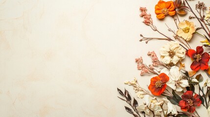 Dried floral arrangement with orange red white flowers on beige background
