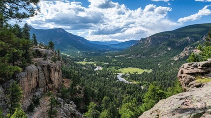 Mountain valley view includes evergreen trees rock cliffs and sky