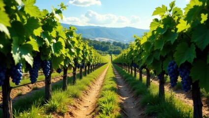 Naklejka premium Rows of lush grapevines laden with ripe, dark-purple grapes extend to a distant mountain range under a bright, sunny sky, promising a bountiful harvest.