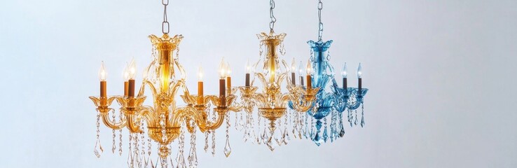 Three crystal chandeliers, lit, interior, white wall, home decor