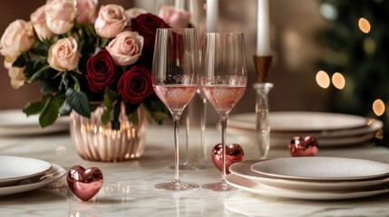 Elegant table setting for two featuring pink roses, red heart ornaments, and sparkling wine glasses, perfect for a romantic evening.