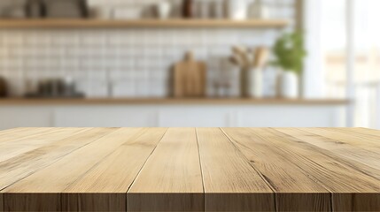 Rustic Wooden Tabletop Against Blurred Kitchen Background