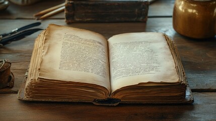 An old open book on a wooden surface is displayed