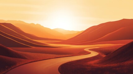 Fototapeta premium Winding road leads through a warm colored landscape