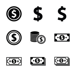 Set of money icon symbol vector on white background.