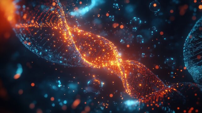 Futuristic 3D visualization of a DNA strand glowing with energy, surrounded by floating molecules and holographic data overlays
