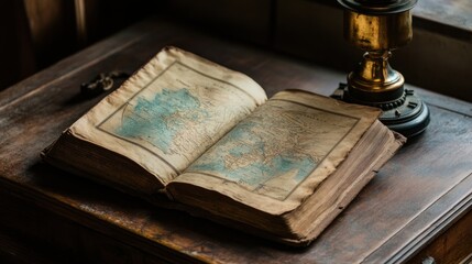 Antique open book displays faded maps on aged paper pages