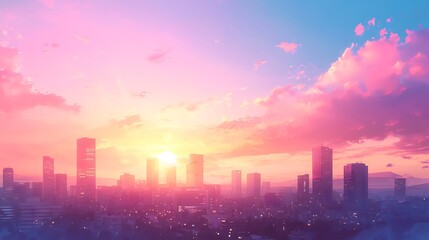 City Skyline Sunset Pastel Hues Vibrant Colors
