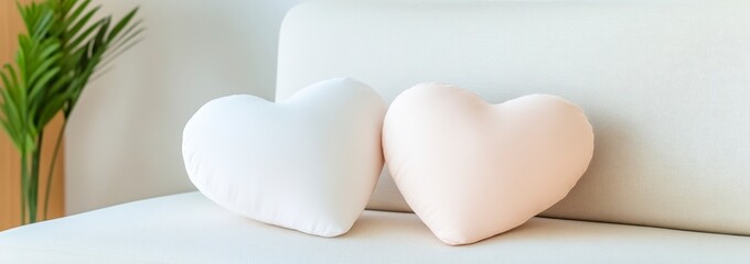 Heart-shaped cushions on a sofa