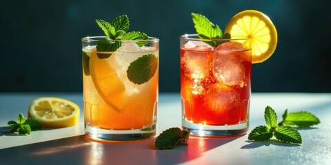 Refreshing summer beverages with citrus and mint garnishes in glasses filled with ice