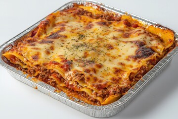 A delicious homemade lasagna in a foil pan, featuring layers of pasta, rich meat sauce, creamy cheese, and fresh herbs, perfect for a hearty family dinner.