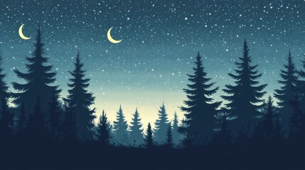 Fototapeta premium Night landscape shows pine tree silhouettes with celestial backdrop