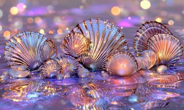 A serene underwater scene featuring colorful seashells reflecting light in a tranquil setting